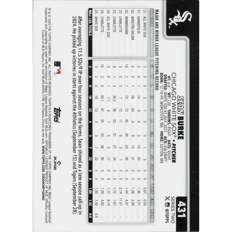 2025 Topps #431 Sean Burke NM-MT RC Rookie Chicago White Sox Baseball Card - Baseball Card Single