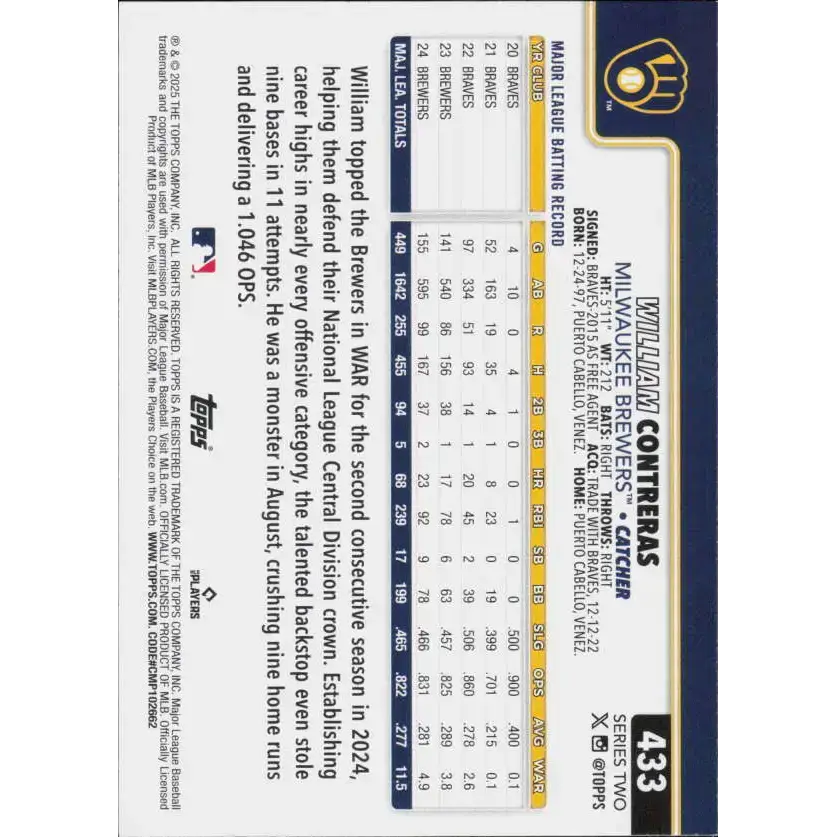 2025 Topps #433 William Contreras NM-MT Milwaukee Brewers Baseball Card