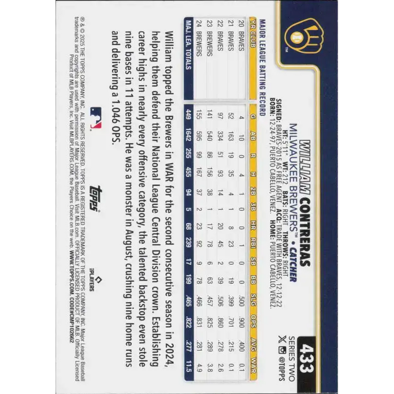 2025 Topps #433 William Contreras NM-MT Milwaukee Brewers Baseball Card