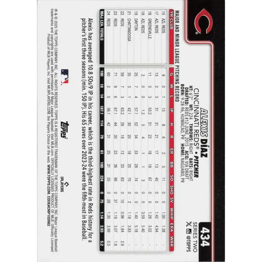 2025 Topps #434 Alexis Diaz NM-MT Cincinnati Reds Baseball Card - Baseball Card Single