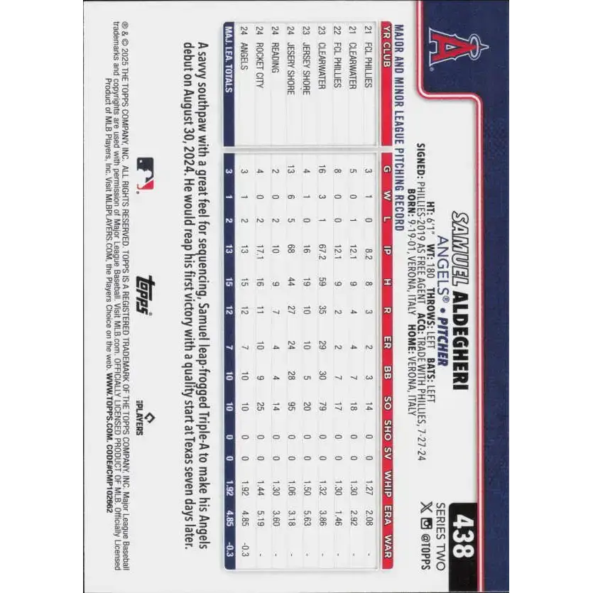 2025 Topps #438 Samuel Aldegheri NM-MT RC Rookie Los Angeles Angels Baseball Card - Baseball Card Single
