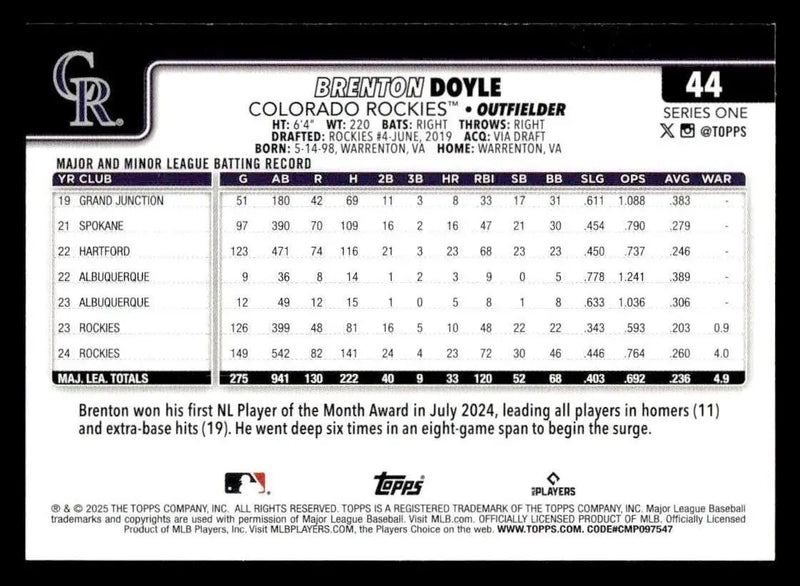 2025 Topps #44 Brenton Doyle - Baseball Card Single