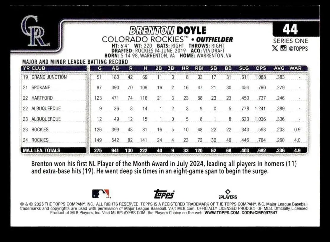 2025 Topps #44 Brenton Doyle - Baseball Card Single