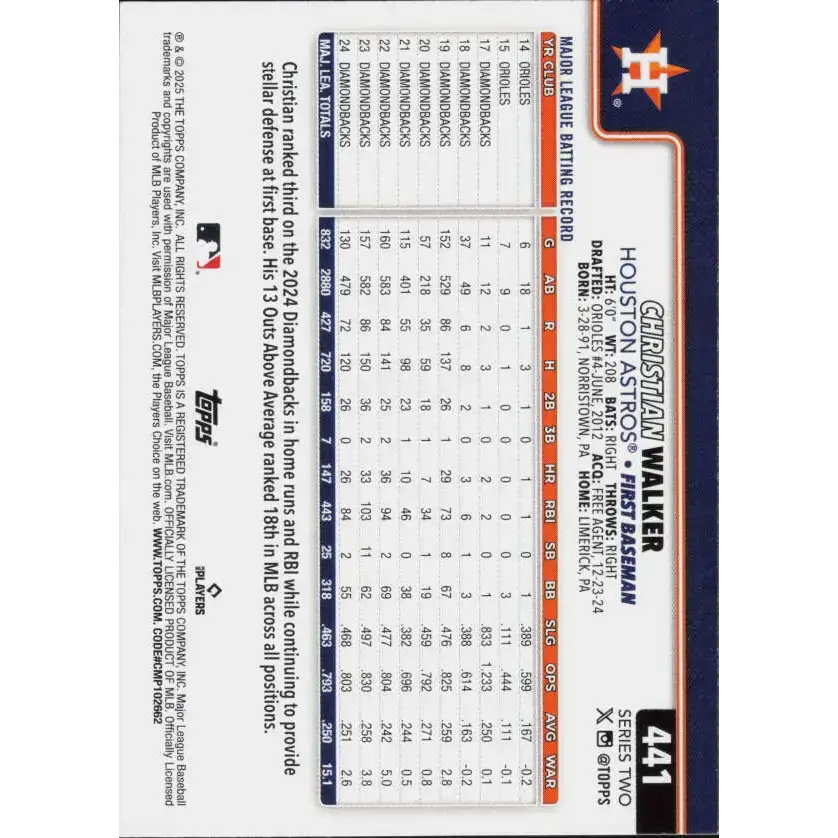 2025 Topps #441 Christian Walker NM-MT Houston Astros Baseball Card - Baseball Card Single