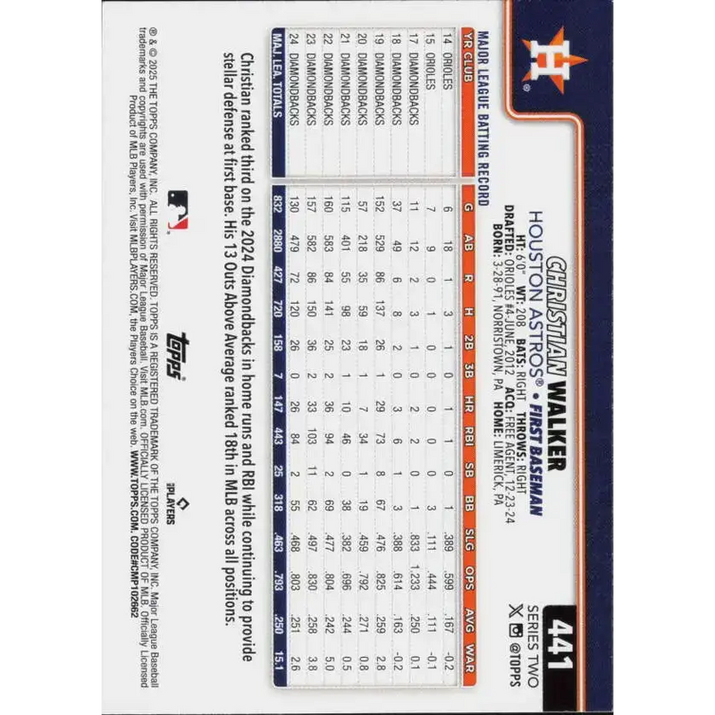 2025 Topps #441 Christian Walker NM-MT Houston Astros Baseball Card - Baseball Card Single
