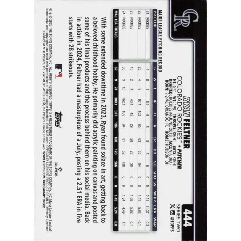 2025 Topps #444 Ryan Feltner NM-MT Colorado Rockies Baseball Card - Baseball Card Single