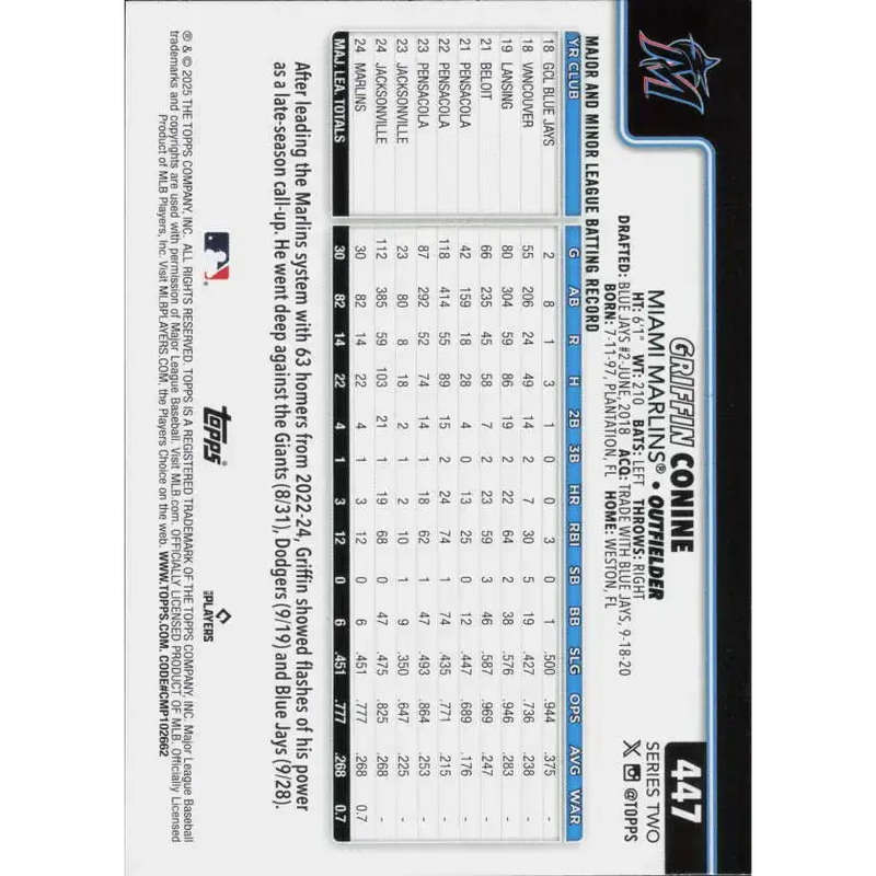 2025 Topps #447 Griffin Conine NM-MT RC Rookie Miami Marlins Baseball Card - Baseball Card Single