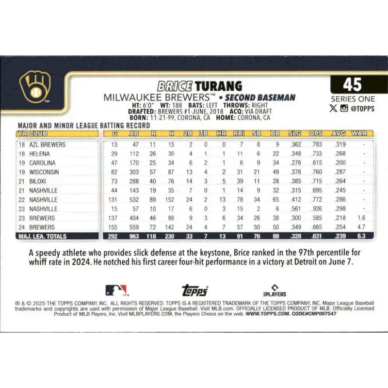 2025 Topps #45 Brice Turang NM-MT Milwaukee Brewers Baseball Card - Baseball Card Single