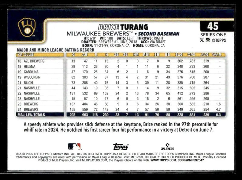 2025 Topps #45 Brice Turang Spring Training - Baseball Card Single
