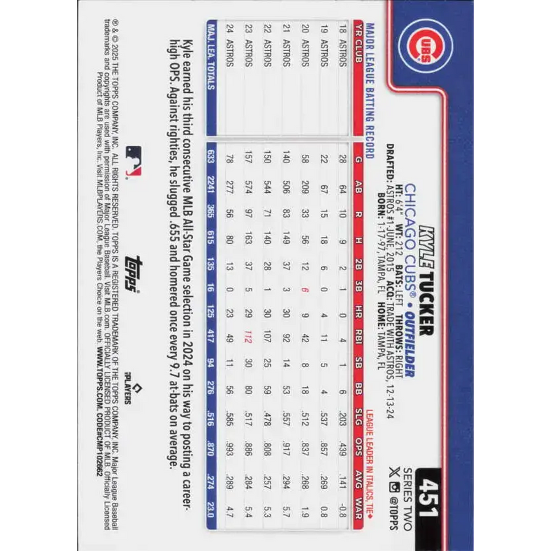 2025 Topps #451 Kyle Tucker NM-MT Chicago Cubs Baseball Card - Baseball Card Single