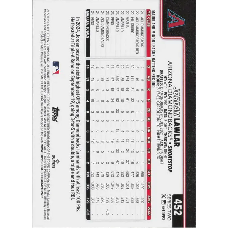 2025 Topps #452 Jordan Lawlar NM-MT Arizona Diamondbacks Baseball Card - Baseball Card Single