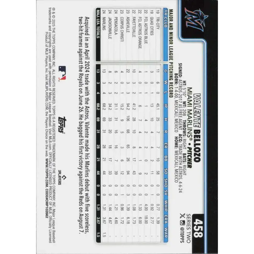 2025 Topps #458 Valente Bellozo NM-MT RC Rookie Miami Marlins Baseball Card - Baseball Card Single