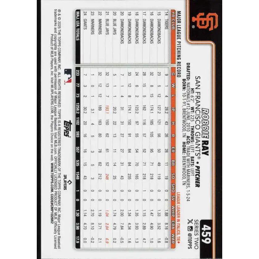 2025 Topps #459 Robbie Ray NM-MT San Francisco Giants Baseball Card - Baseball Card Single