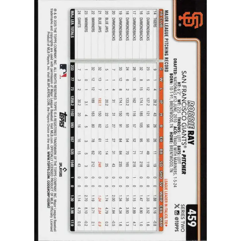 2025 Topps #459 Robbie Ray NM-MT San Francisco Giants Baseball Card - Baseball Card Single