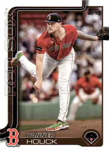Baseball card featuring Tanner Houck of the Red Sox with original gloss from 2025 Topps