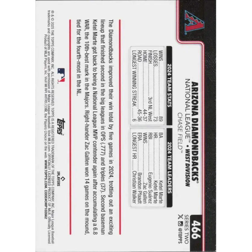2025 Topps #466 Arizona Diamondbacks NM-MT Arizona Diamondbacks Baseball Card - Baseball Card Single