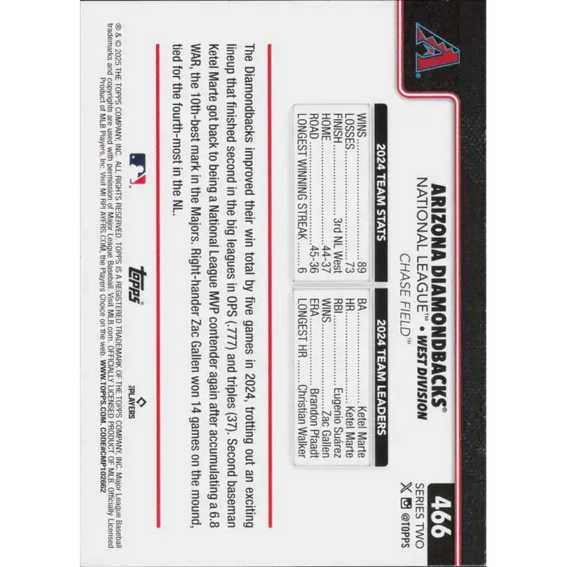 2025 Topps #466 Arizona Diamondbacks NM-MT Arizona Diamondbacks Baseball Card - Baseball Card Single