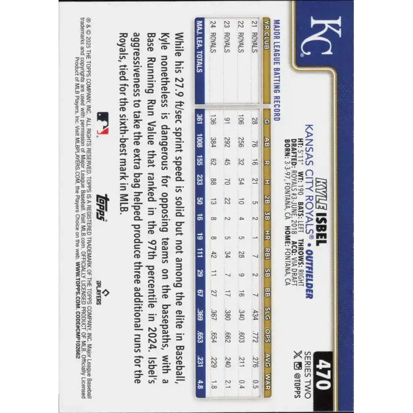 2025 Topps #470 Kyle Isbel NM-MT Kansas City Royals Baseball Card - Baseball Card Single