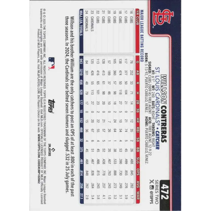 2025 Topps #472 Willson Contreras NM-MT St. Louis Cardinals Baseball Card - Baseball Card Single