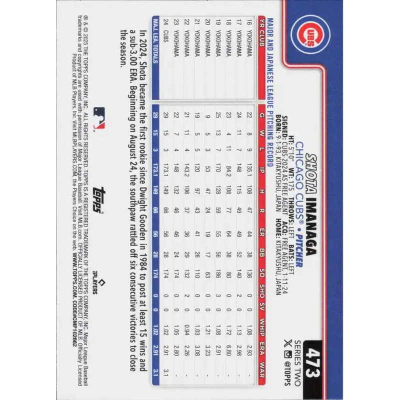 2025 Topps #473 Shota Imanaga NM-MT Chicago Cubs Baseball Card - Baseball Card Single
