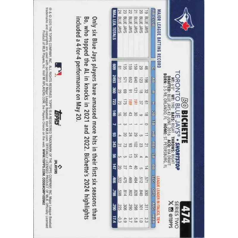 2025 Topps #474 Bo Bichette NM-MT Toronto Blue Jays Baseball Card - Baseball Card Single