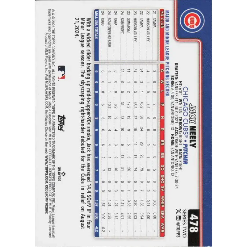 2025 Topps #478 Jack Neely NM-MT RC Rookie Chicago Cubs Baseball Card - Baseball Card Single