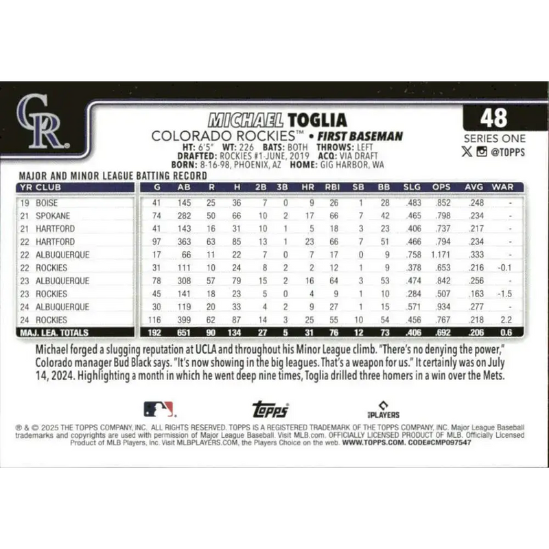 2025 Topps #48 Michael Toglia NM-MT Colorado Rockies Baseball Card - Baseball Card Single