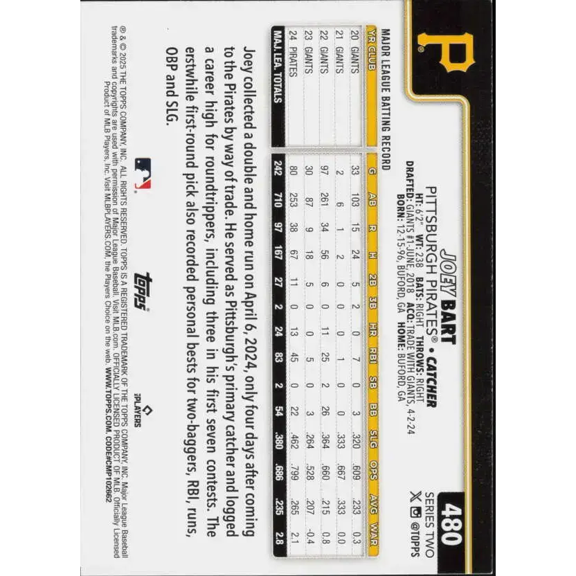 2025 Topps #480 Joey Bart NM-MT Pittsburgh Pirates Baseball Card - Baseball Card Single