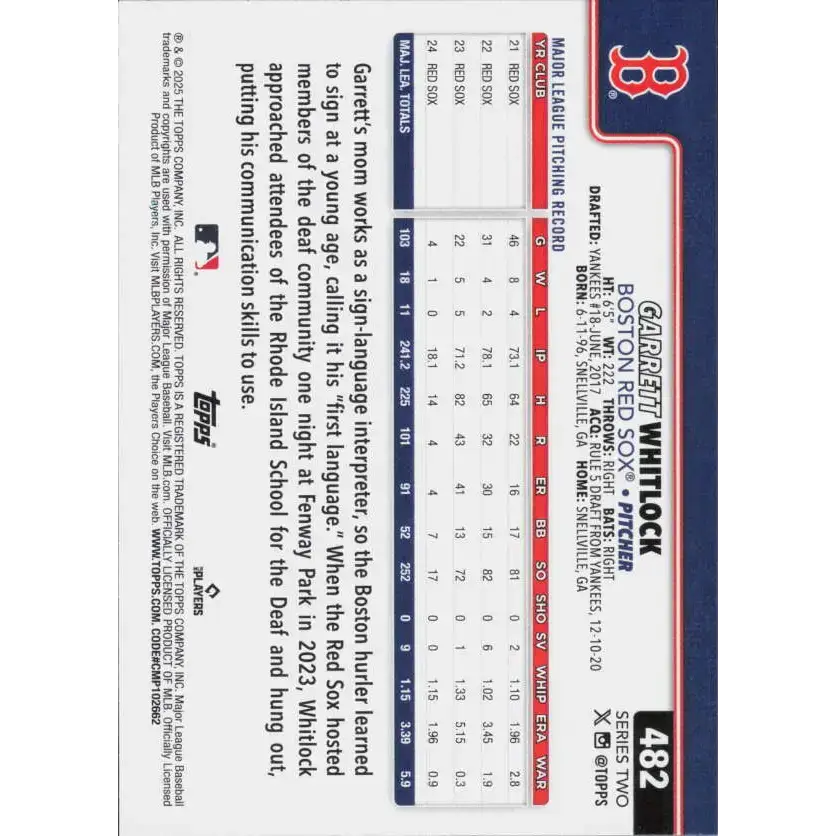 2025 Topps #482 Garrett Whitlock NM-MT Boston Red Sox Baseball Card - Baseball Card Single
