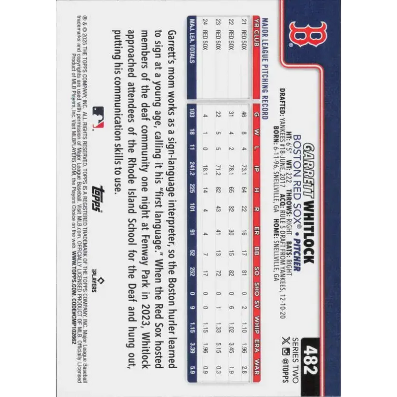 2025 Topps #482 Garrett Whitlock NM-MT Boston Red Sox Baseball Card - Baseball Card Single