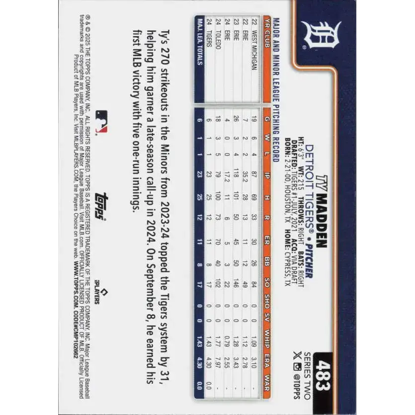 2025 Topps #483 Ty Madden NM-MT RC Rookie Detroit Tigers Baseball Card - Baseball Card Single