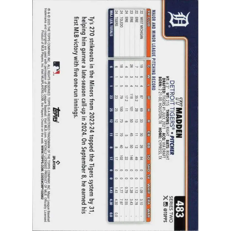 2025 Topps #483 Ty Madden NM-MT RC Rookie Detroit Tigers Baseball Card - Baseball Card Single