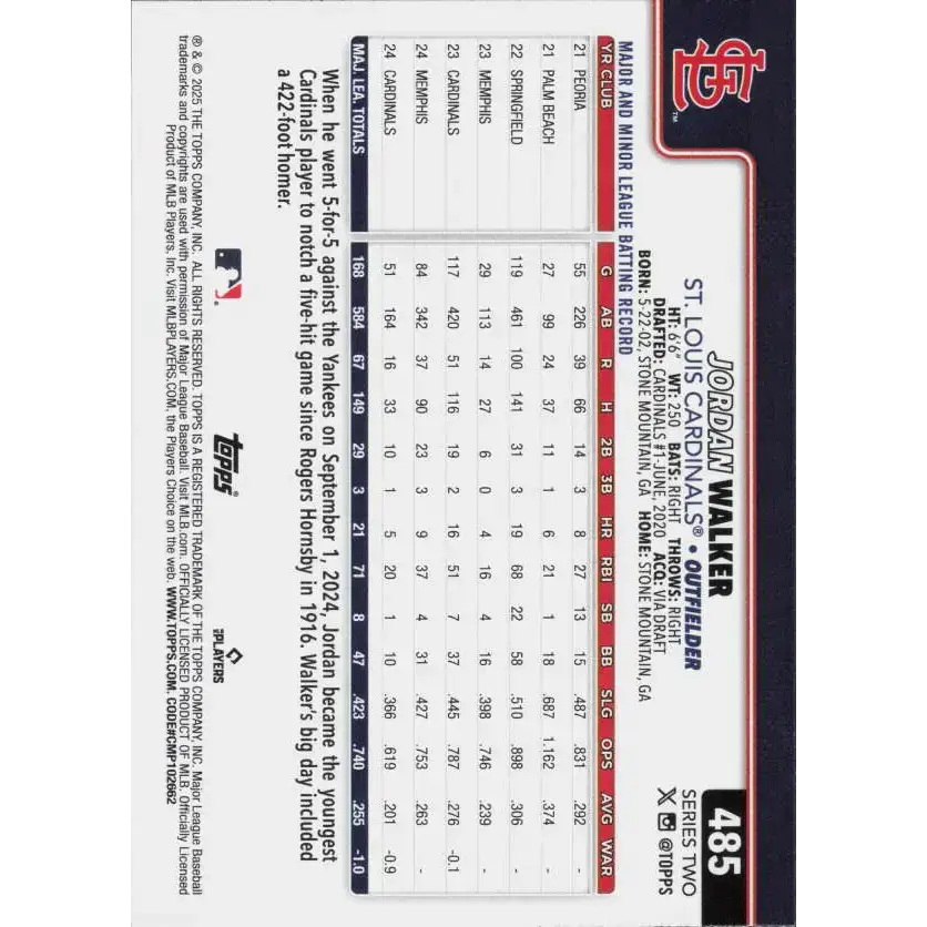 2025 Topps #485 Jordan Walker NM-MT St. Louis Cardinals Baseball Card - Baseball Card Single