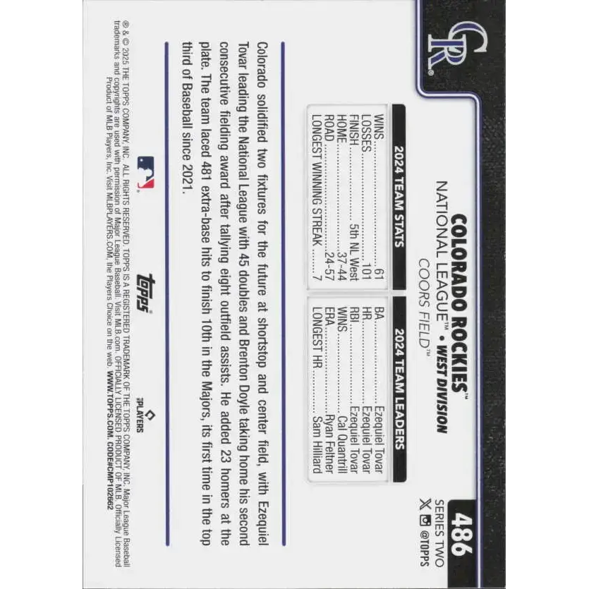 2025 Topps #486 Colorado Rockies NM-MT Colorado Rockies Baseball Card - Baseball Card Single