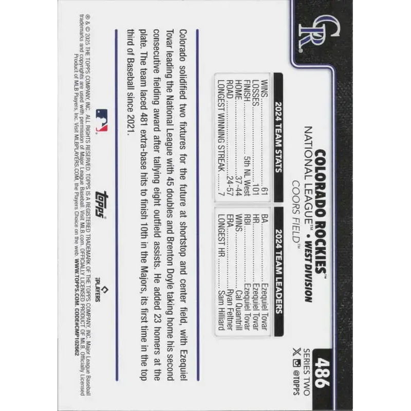 2025 Topps #486 Colorado Rockies NM-MT Colorado Rockies Baseball Card - Baseball Card Single
