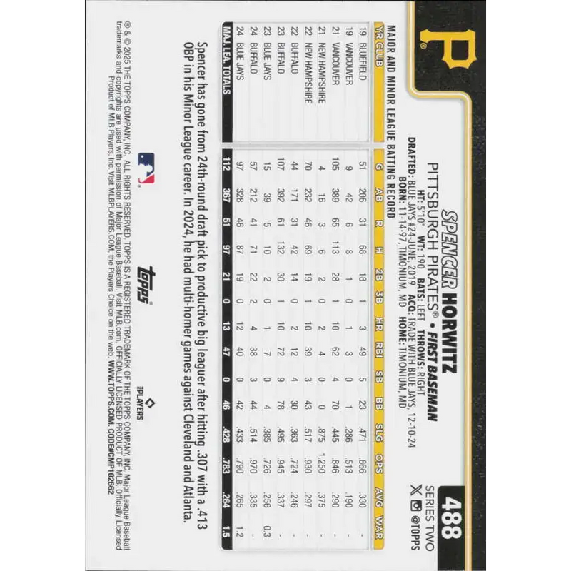 2025 Topps #488 Spencer Horwitz NM-MT Pittsburgh Pirates Baseball Card - Baseball Card Single