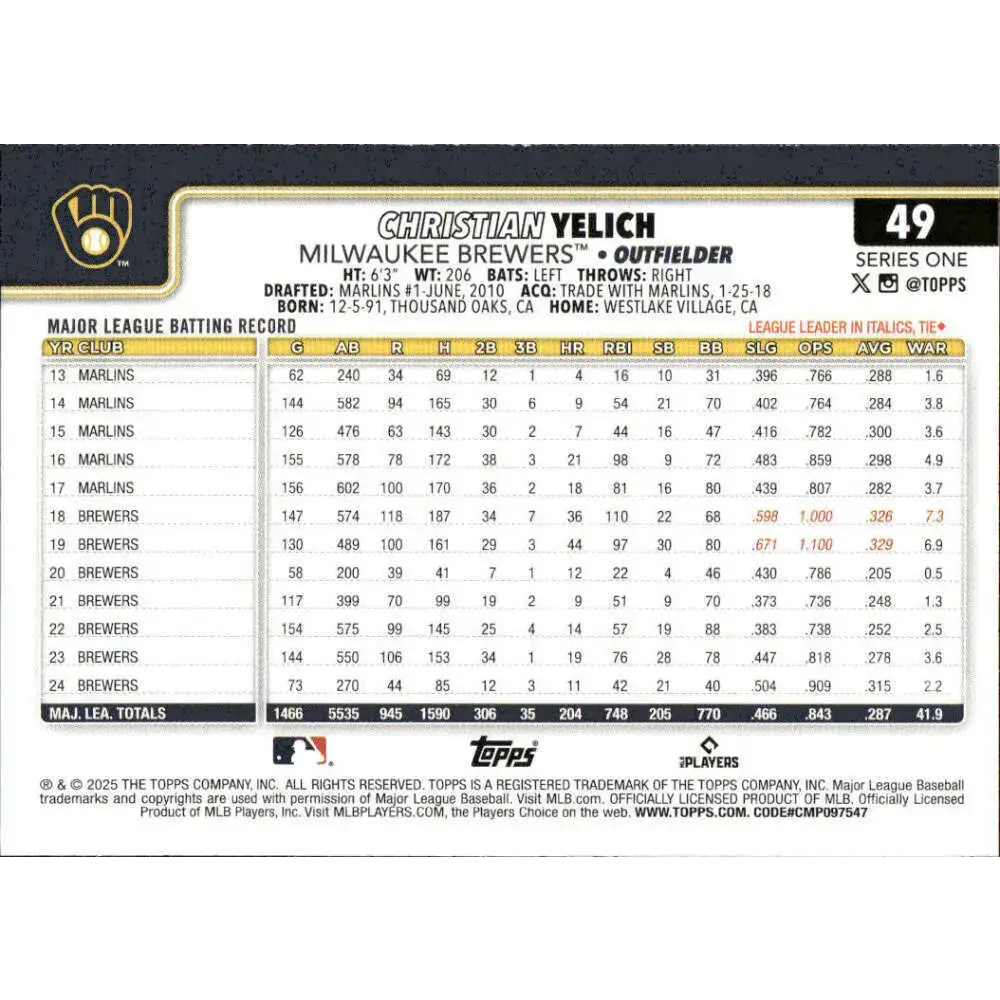 2025 Topps #49 Christian Yelich NM-MT Milwaukee Brewers Baseball Card - Baseball Card Single