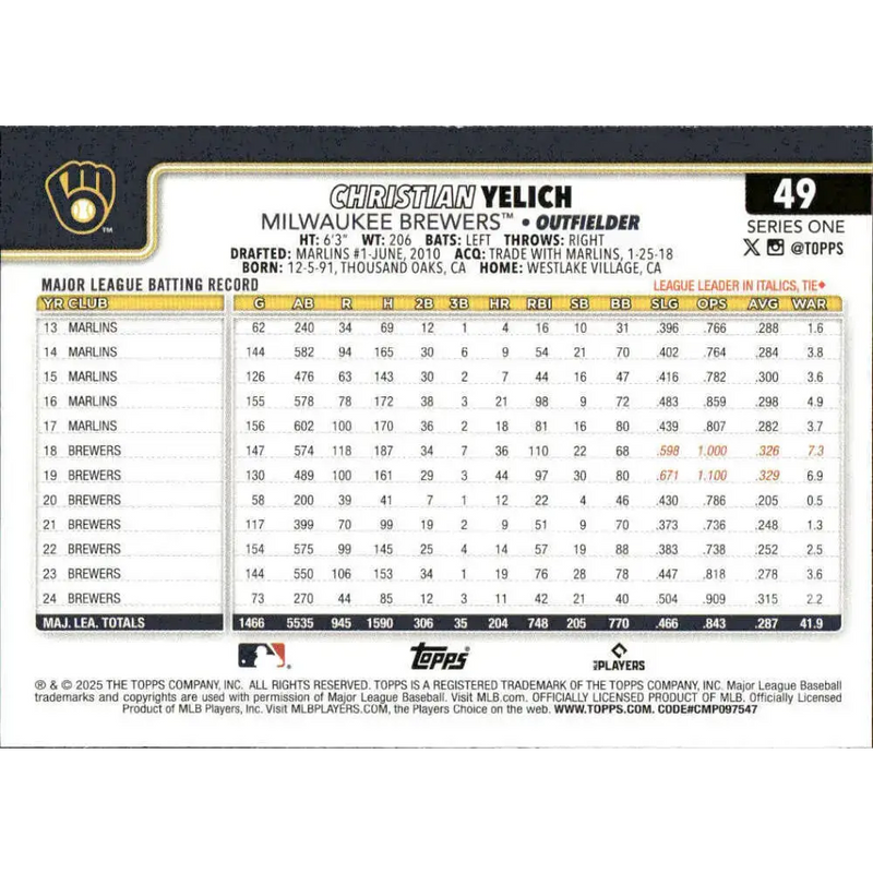 2025 Topps #49 Christian Yelich NM-MT Milwaukee Brewers Baseball Card - Baseball Card Single