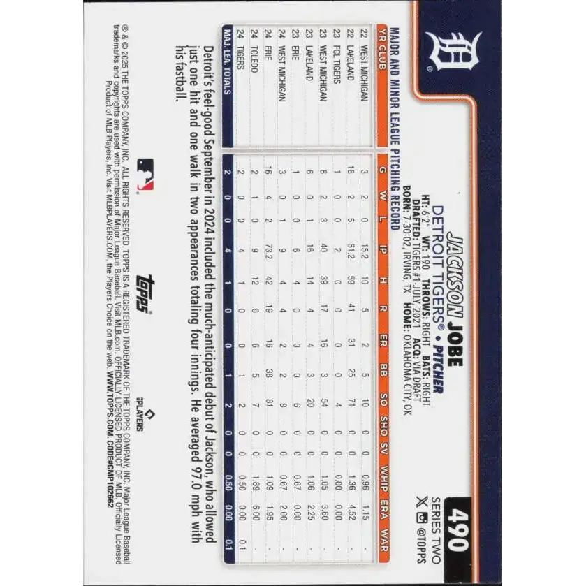 2025 Topps #490 Jackson Jobe NM-MT RC Rookie Detroit Tigers Baseball Card - Baseball Card Single