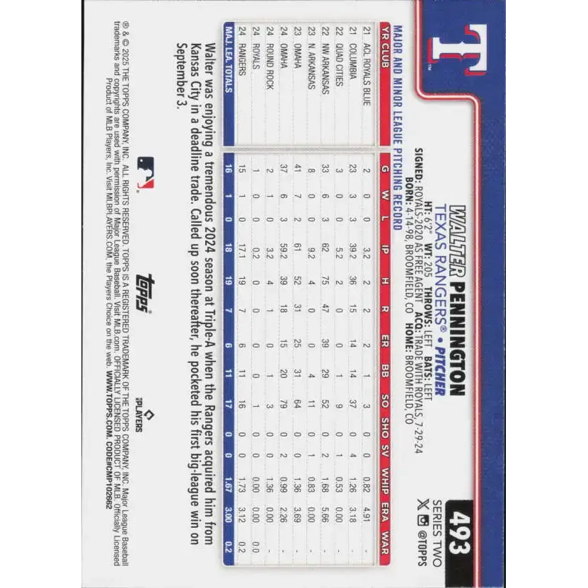 2025 Topps #493 Walter Pennington NM-MT RC Rookie Texas Rangers Baseball Card - Baseball Card Single