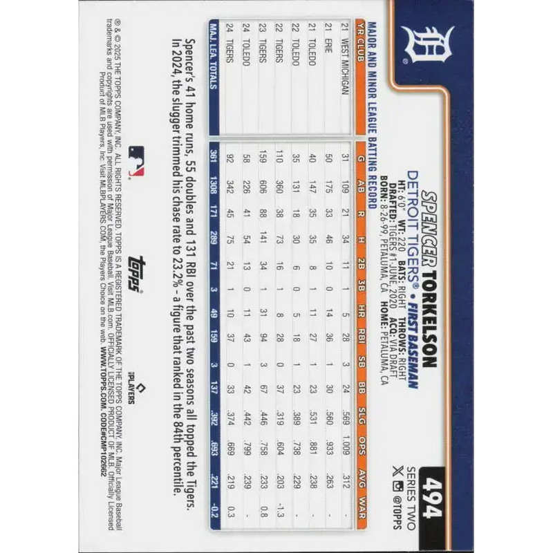 2025 Topps #494 Spencer Torkelson NM-MT Detroit Tigers Baseball Card - Baseball Card Single