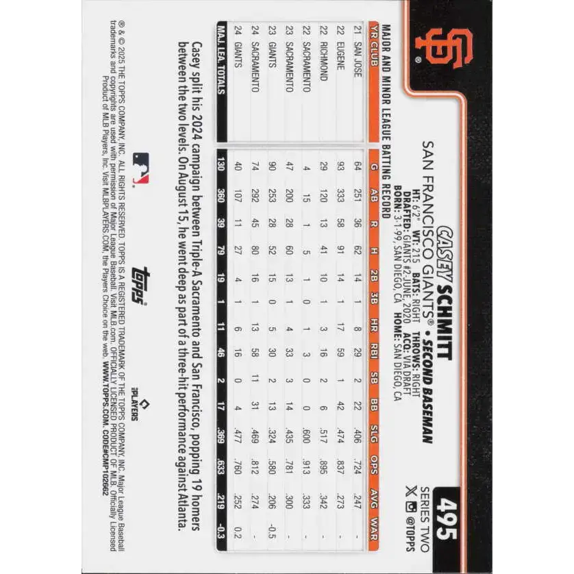 2025 Topps #495 Casey Schmitt NM-MT San Francisco Giants Baseball Card - Baseball Card Single