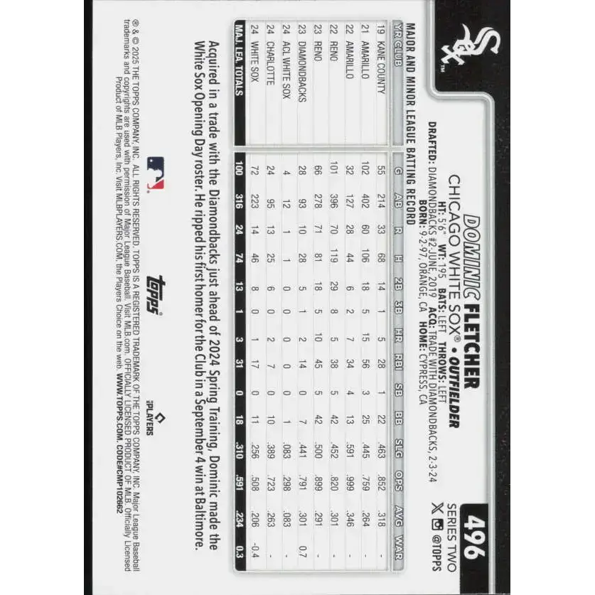 2025 Topps #496 Dominic Fletcher NM-MT Chicago White Sox Baseball Card