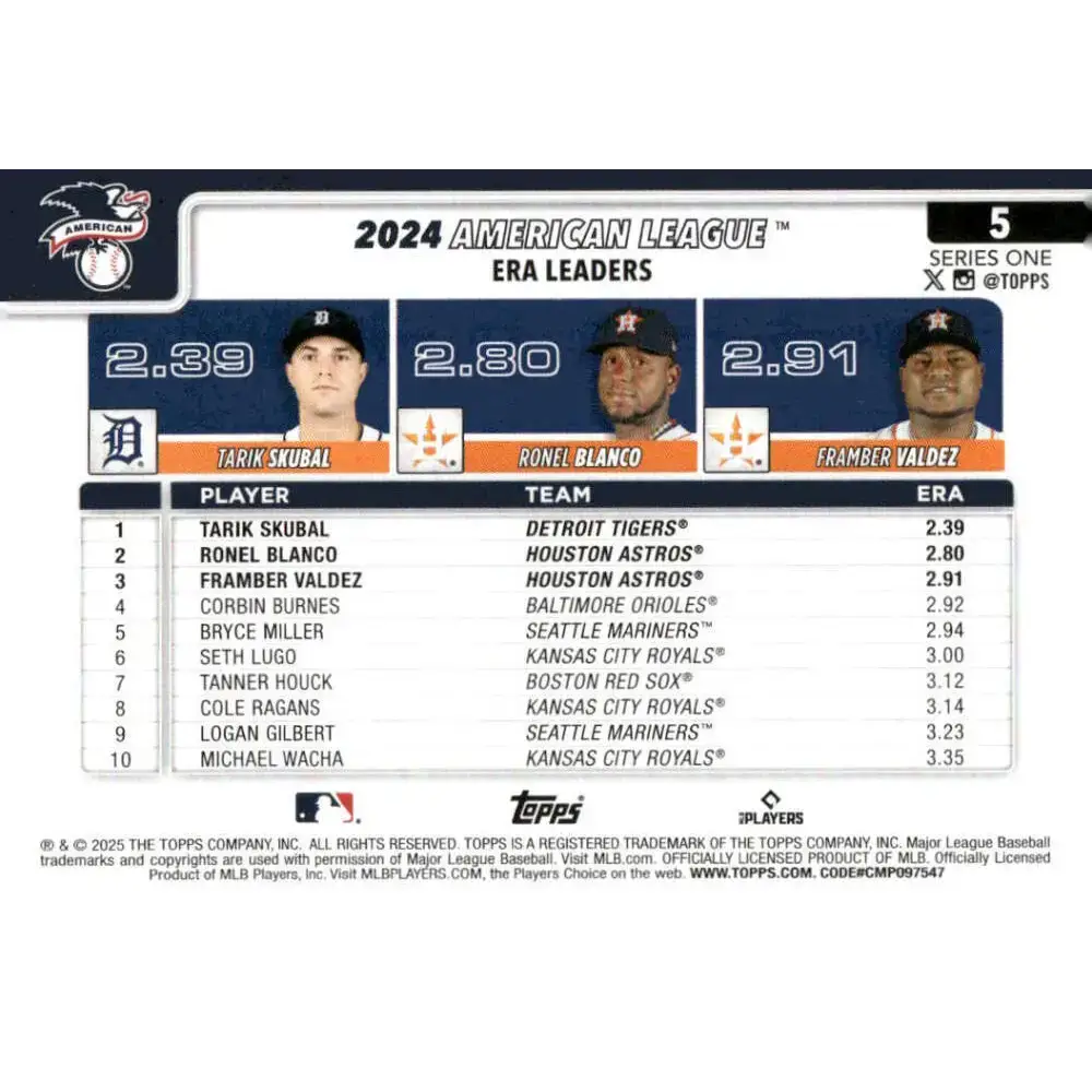 2025 Topps #5 Framber Valdez/Ronel Blanco/Tarik Skubal NM-MT Detroit Tigers/Houston Astros Baseball Card