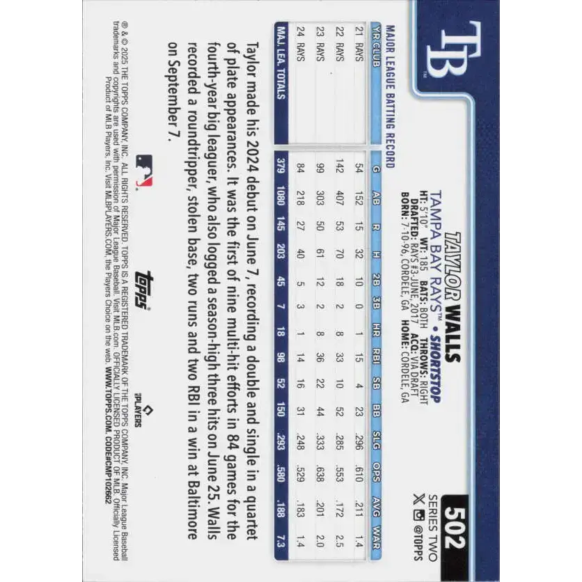 2025 Topps #502 Taylor Walls NM-MT Tampa Bay Rays Baseball Card - Baseball Card Single