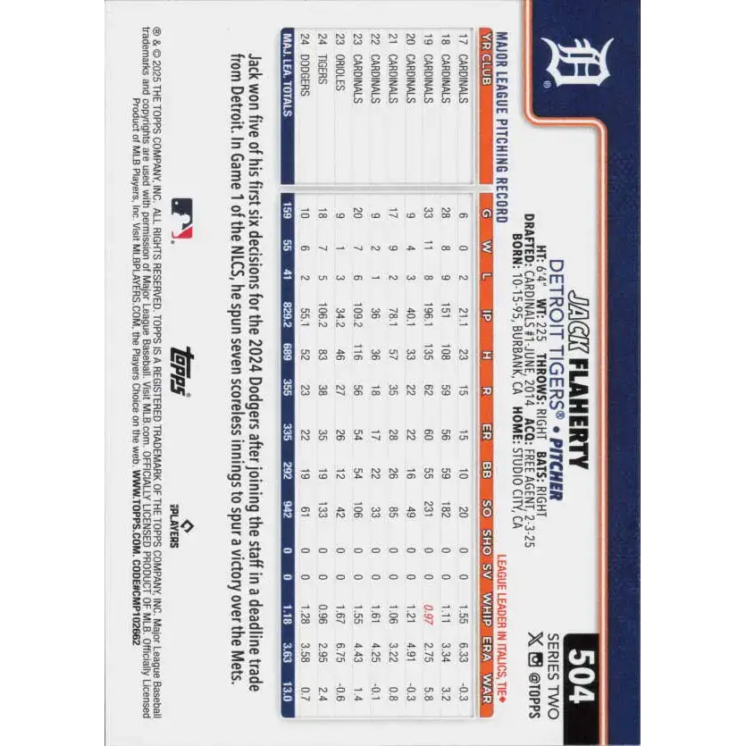 2025 Topps #504 Jack Flaherty NM-MT Detroit Tigers Baseball Card - Baseball Card Single