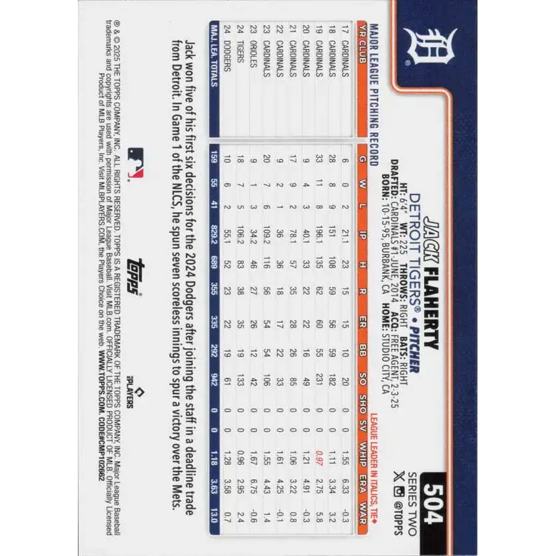 2025 Topps #504 Jack Flaherty NM-MT Detroit Tigers Baseball Card - Baseball Card Single