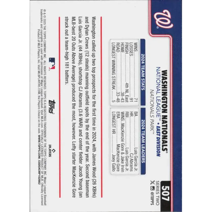 2025 Topps #507 Washington Nationals NM-MT Washington Nationals Baseball Card - Baseball Card Single