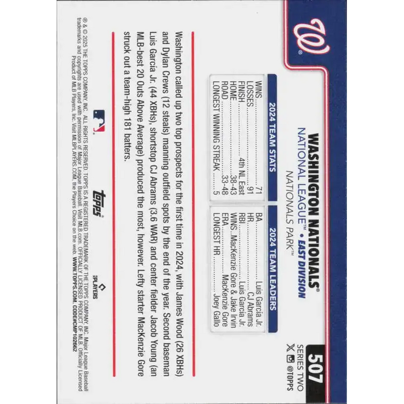 2025 Topps #507 Washington Nationals NM-MT Washington Nationals Baseball Card - Baseball Card Single