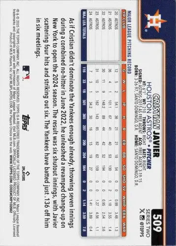 2025 Topps #509 Cristian Javier NM-MT Astros ID:78411 - Baseball Card Single